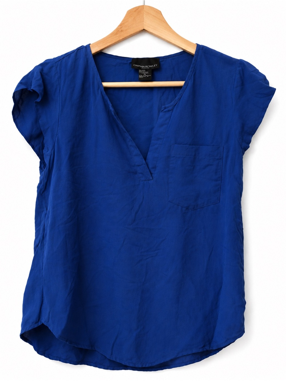Cynthia Rowley 100% Silk Cobalt Blue V-Neck Pocket Blouse Medium